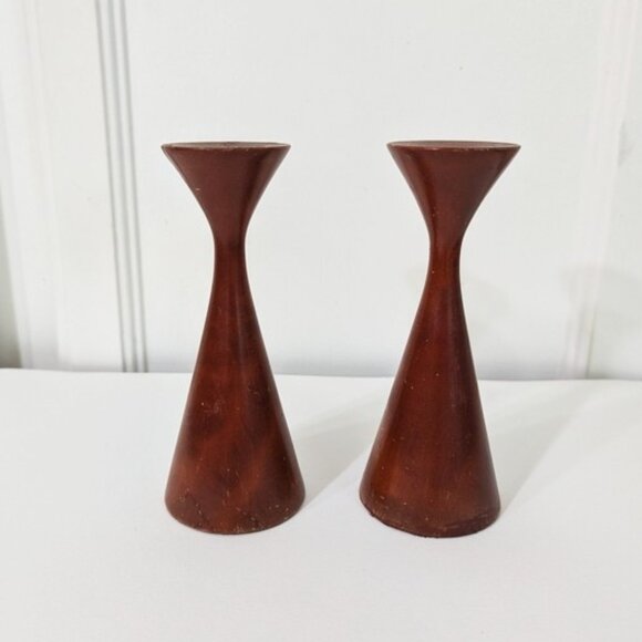 Wood Mid Century Modernist  Candlesticks Holders Set 6"H 2 1/2"W - Picture 1 of 4